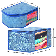 Kuber Industries Lahariya Design Non-woven Foldable 3 Saree & 3 Blouse Cover/Clothes Storage Bag/Wardrobe Organizer Set With Transparent Window- Pack of 6 (Blue)-44KM0577