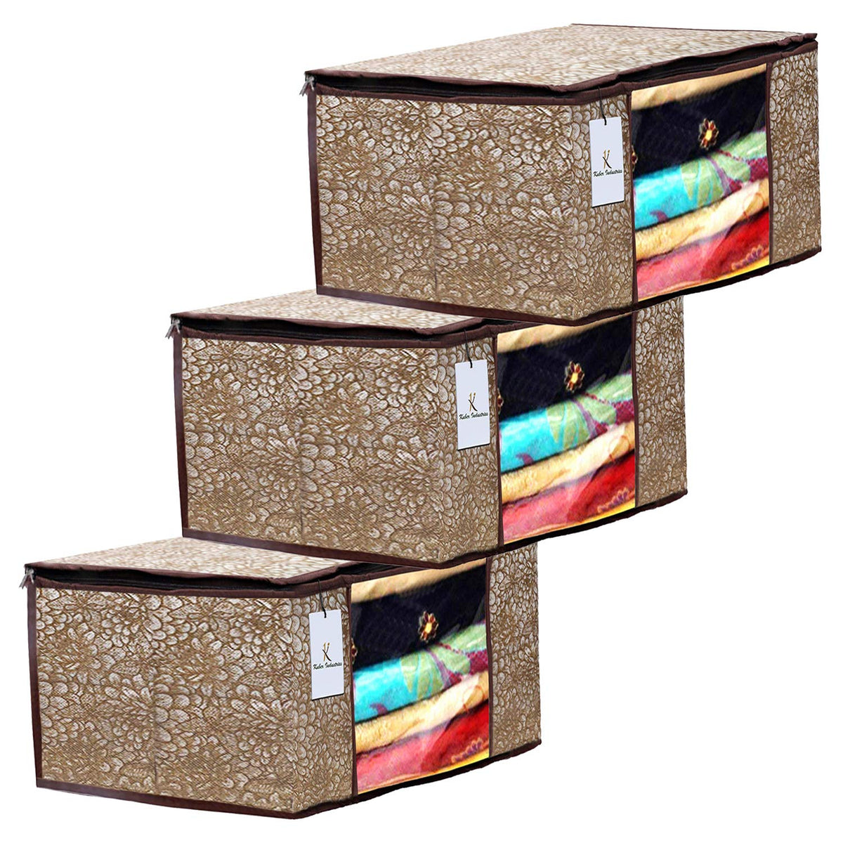 Kuber Industries Flower Design 6 Piece Non Woven Saree Cover, Large, Golden Brown - CTKTC15235