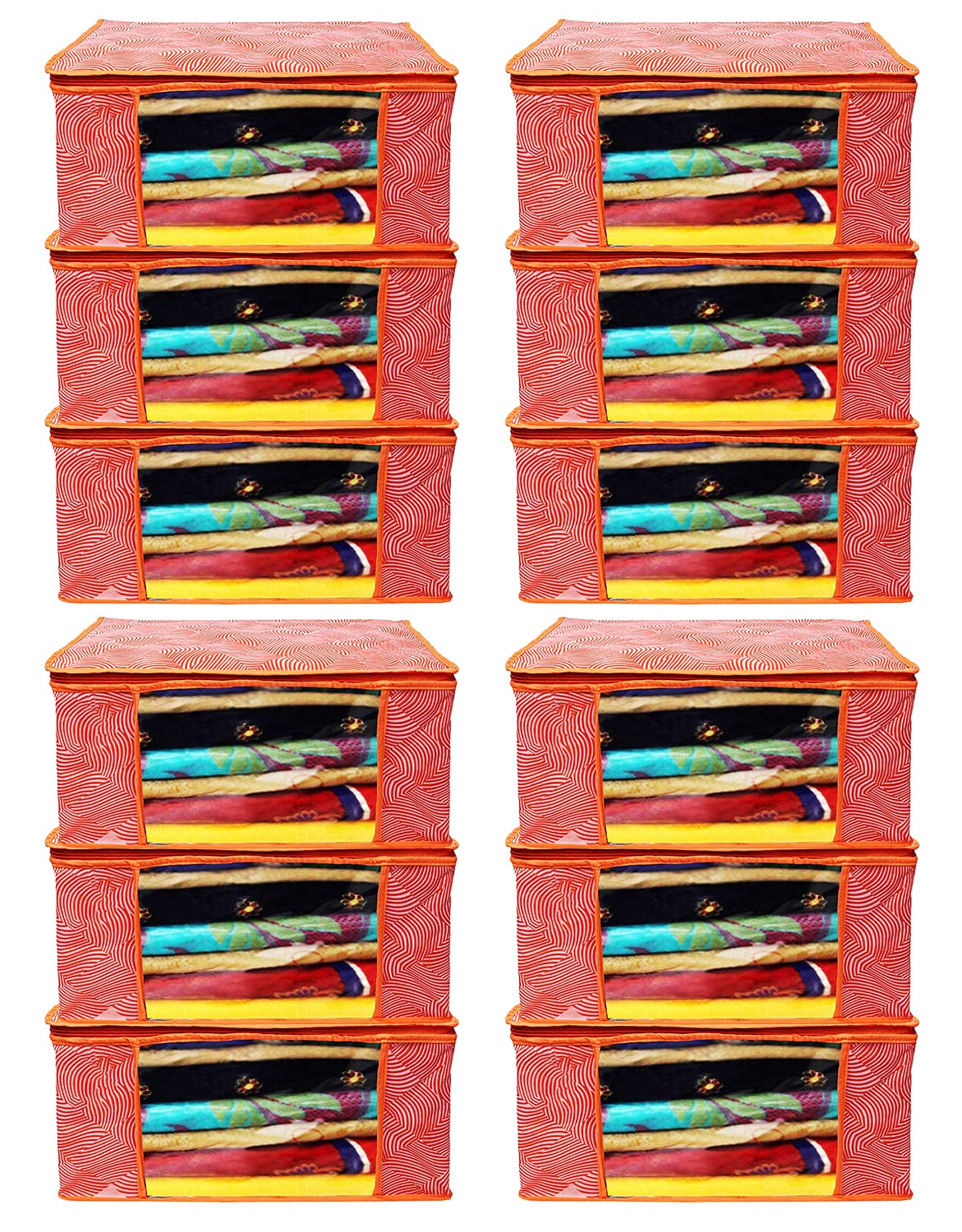 Heart Home Lahariya Design Non-woven Sarees, Clothes Cover/Organizer With Transparent Window- Pack of 12 (Orange)-44HH0384