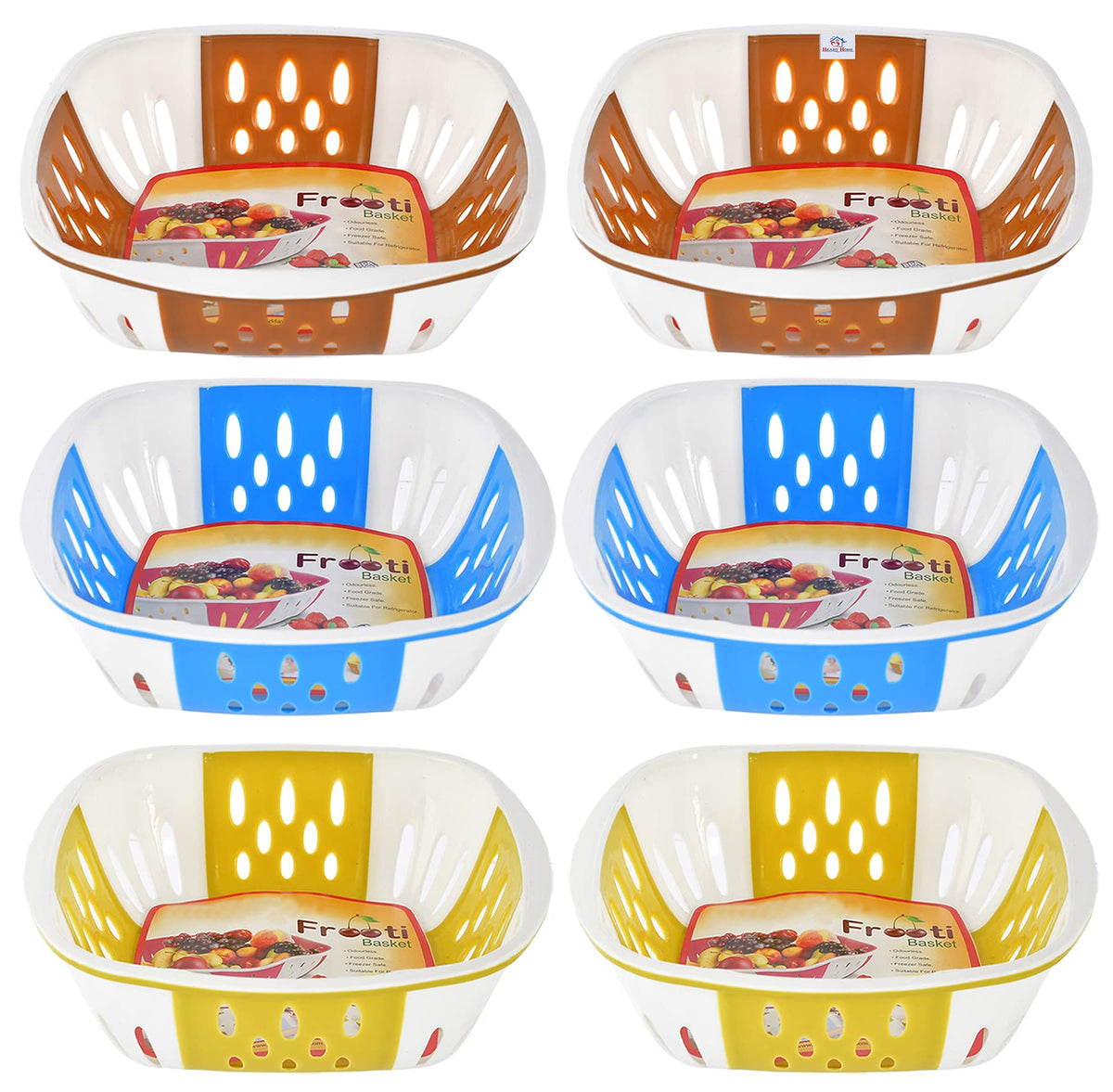 Heart Home Medium Plastic Fruit, Vegetable Storage Basket- Pack of 6 (Brown & Blue & Green)-HS42KUBMART25355