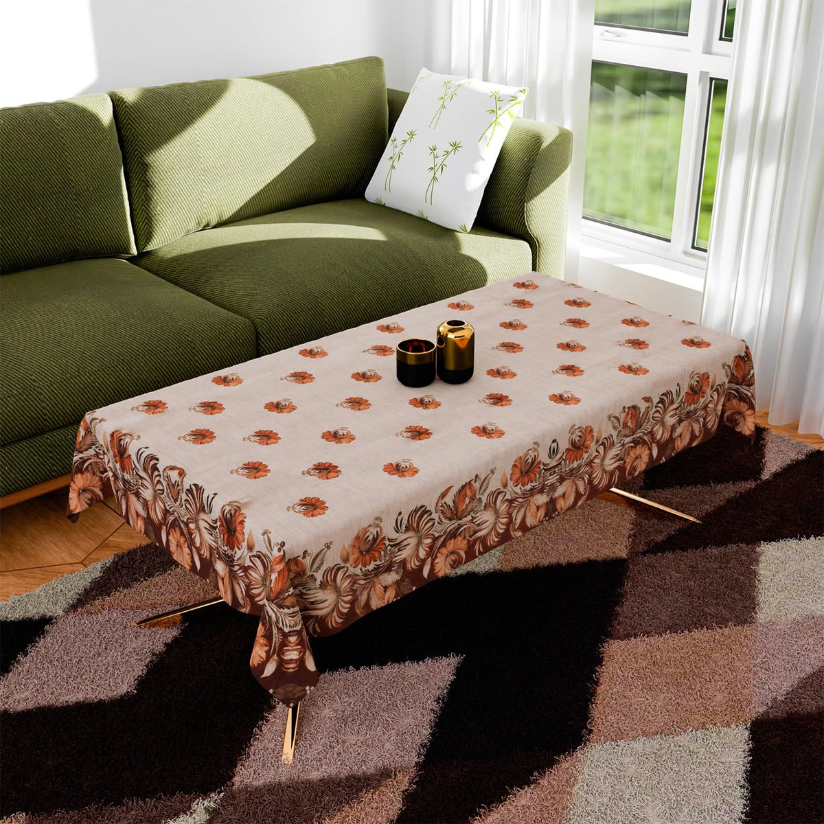 Heart Home Center Table Cover | Velvet Sparkle Table Cover | Brown Digital Flower Table Cover | Reusable Cloth Cover for Table Top | Table Protector Cover | 40x60 Inch | Cream
