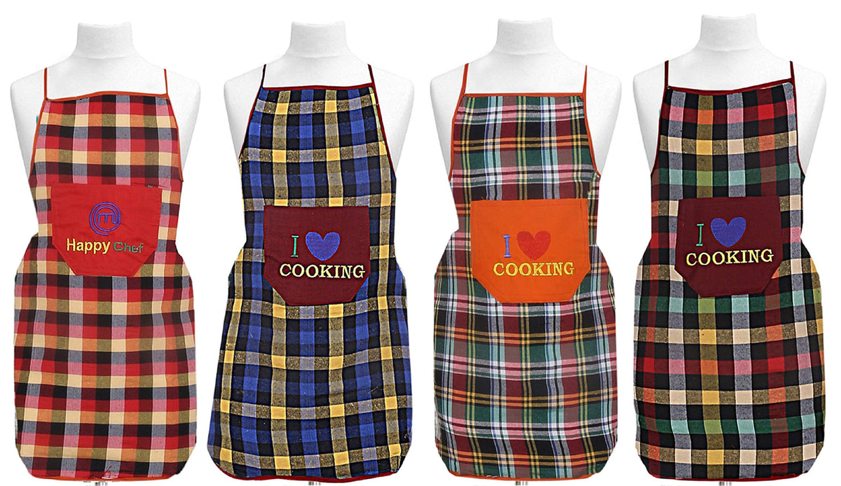 Kuber Industries Unisex Cotton Apron with Front Pocket|I Love Cooking Print & WaterProof Outer Layer|Size 75 x 50 x 1 CM|Pack of 4 (Multi) -CTKTC8867