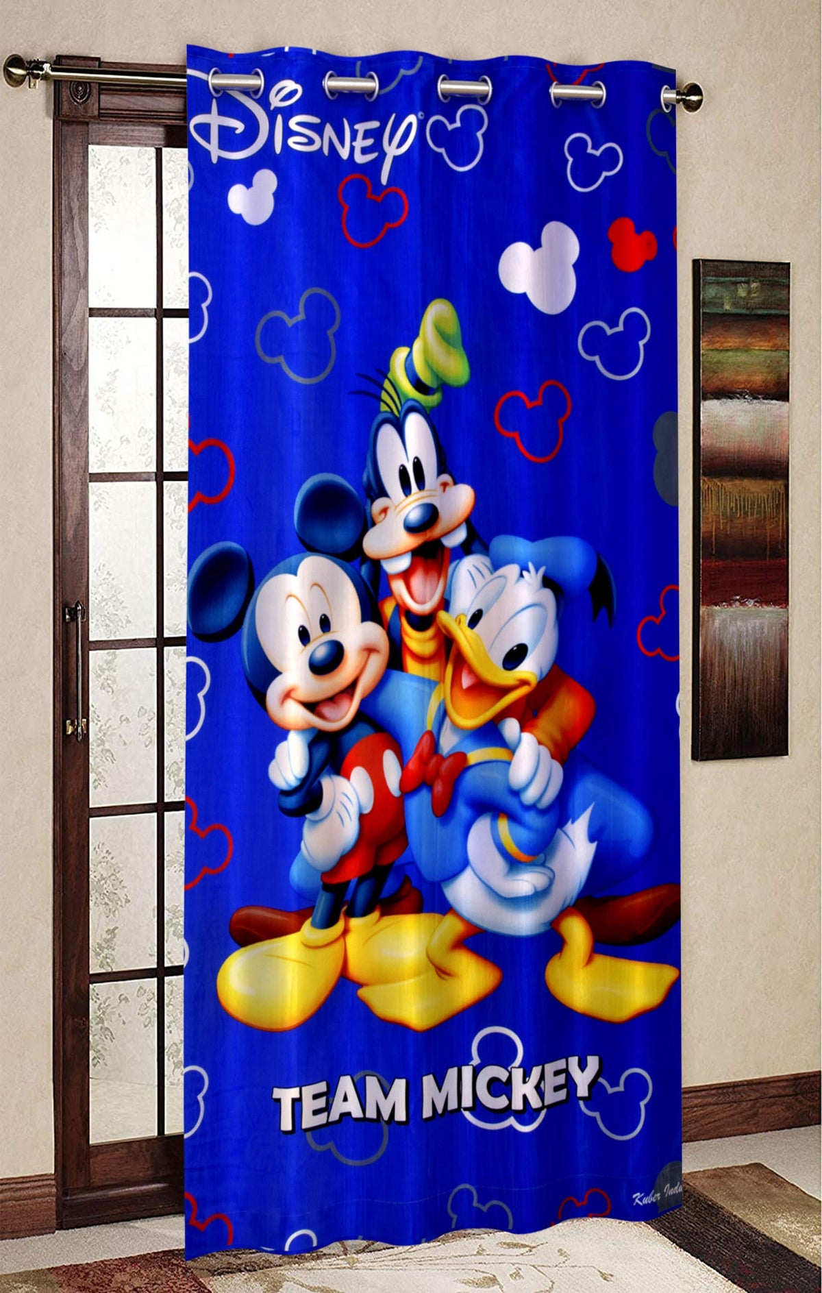 Kuber Industries Disney Team Mickey Print Polyester Special Blackout Long Crush Eyelet Door Curtain 7 Feet (Royal Blue)-KUBERMART52
