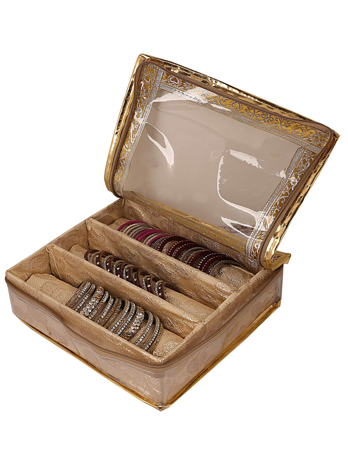 Kuber Industries Brocade Cloth 3 Rod Bangle Box, Golden, Standard (CTKTC0277)