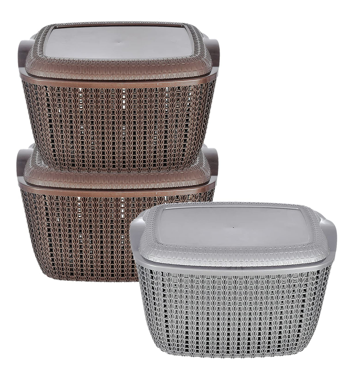 Heart Home Multipurposes Large M 30 Plastic Basket, Organizer For Kitchen, Countertops, Cabinets, Bathroom With Lids- Pack of 3 (Brown & Grey & Brown) -46HH024