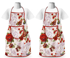 Heart Home Flower Printed Oil Stain Resistant Cooking Kitchen Apron for Men Women with 1 Front Pocket, Pack of 2 (Red)