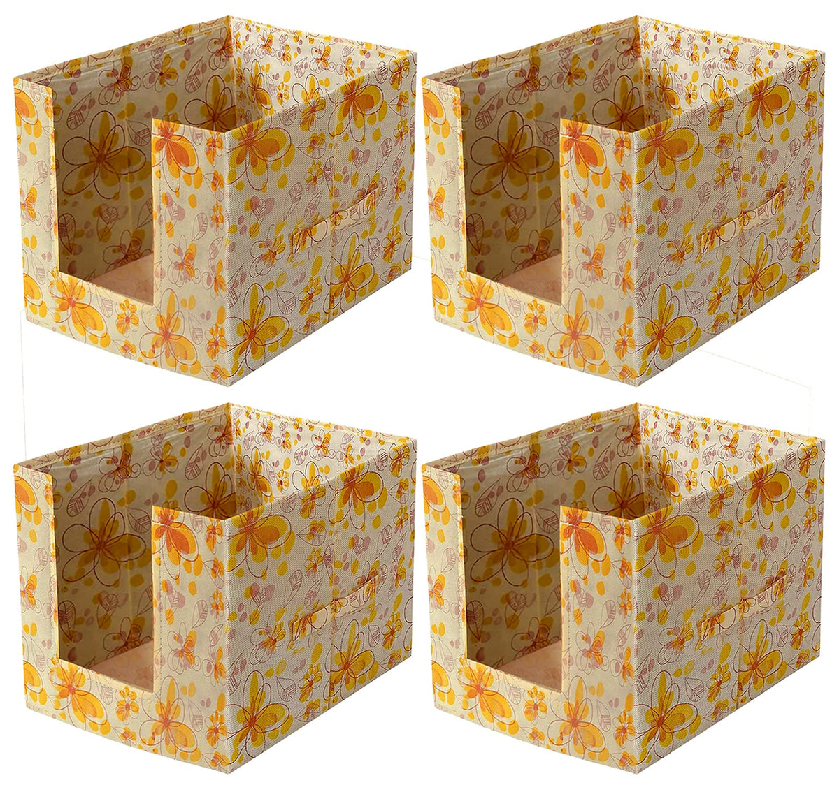 Kuber Industries Flower Printed Multiuses Non-Woven Closet Organizer With Handles- Pack of 4 (Yellow) -HS43KUBMART26483