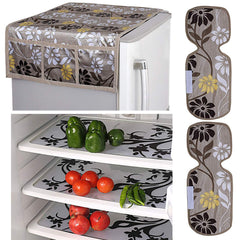 Kuber Industries Flower Design Combo PVC 3 Pieces Fridge Mats, 2 Piece Handle Cover and 1 Piece Fridge Top Cover(Gold),Standard,CTKTC024429