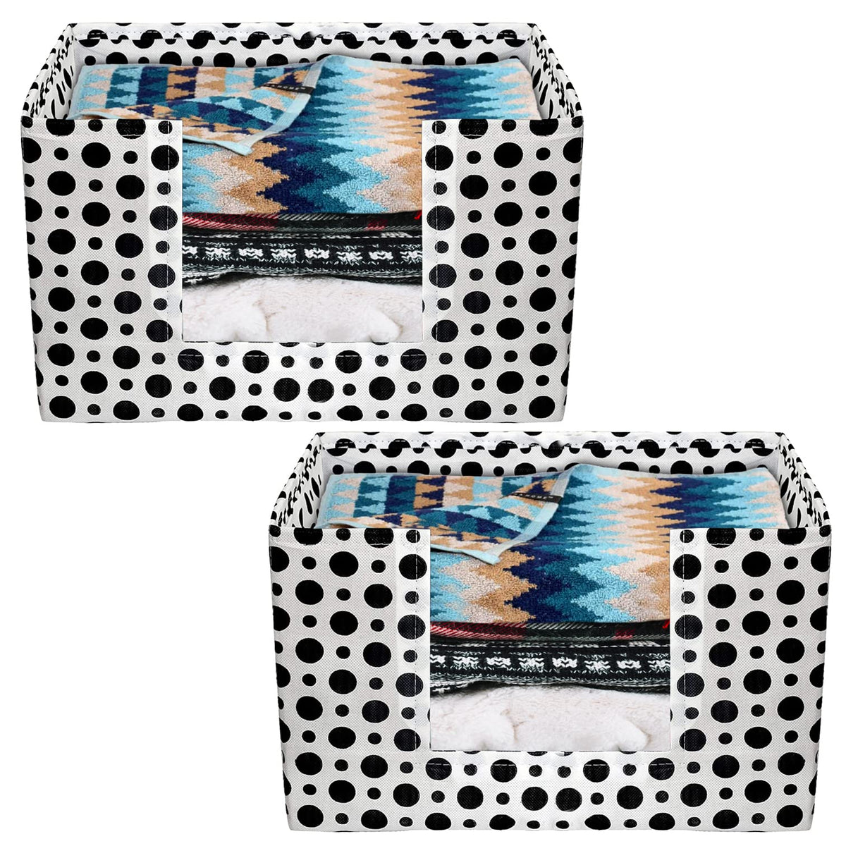 Heart Home Dot Printed Non-Woven Foldable Saree Stacker, Wardrobe Organizer, Storage Bin With Handle- Pack of 2 (Black & White)-HS43HEARTH26414