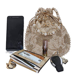 Kuber Industries Embroidery Drawstring Potli|Hand Purse with Gold Pearl Border & Handle for Woman,Girls (Cream)