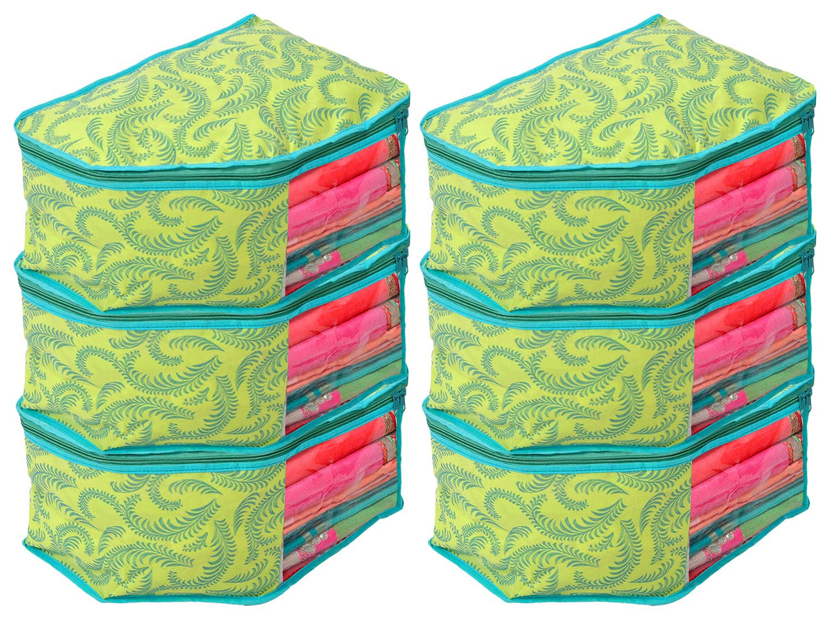 Kuber Industries Leaf Printed Non-Woven Blouse Cover/Organizer With Front Window- Pack of 6 (Green)-44KM0533