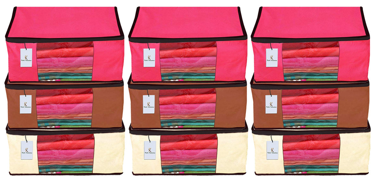 Kuber Industries 9 Piece Non Woven Fabric Saree Cover Set with Transparent Window, Extra Large, Ivory,Pink,Dark Brown-CTKTC23800
