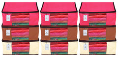 Kuber Industries 9 Piece Non Woven Fabric Saree Cover Set with Transparent Window, Extra Large, Ivory,Pink,Dark Brown-CTKTC23800
