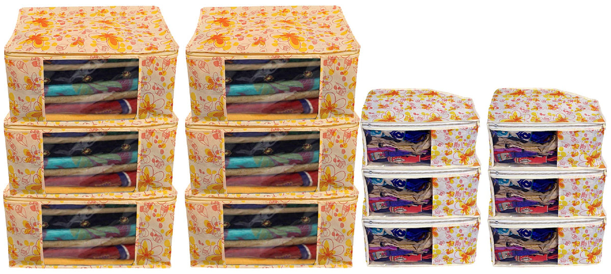 Kuber Industries Flower Design Non Woven 6 Piece Saree Cover/Cloth Wardrobe Organizer and 6 Pieces Blouse Cover Combo Set (Ivory & Red) -CTKTC038438