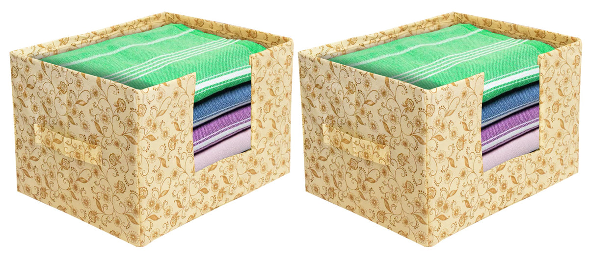 Heart Home Metallic Flower Printed Non-Woven Foldable Saree Stacker, Wardrobe Organizer, Storage Bin With Handle- Pack of 2 (Ivory)-HS43HEARTH26368