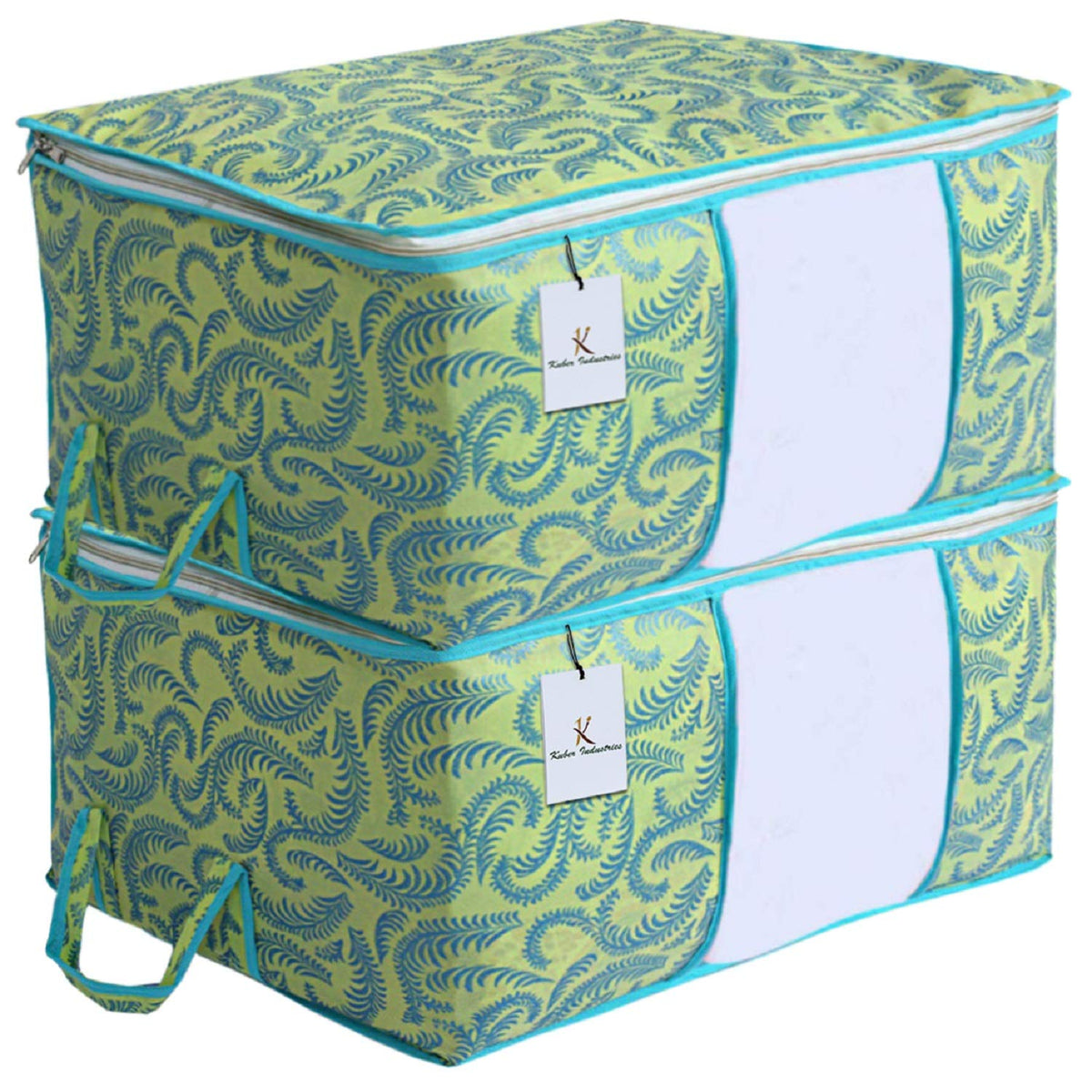 Kuber Industries Metallic Print Non Woven Underbed Bag|Storage Organiser|Blanket Cover with Transparent Window|Storage Bag for Clothes Large (Olive Green)
