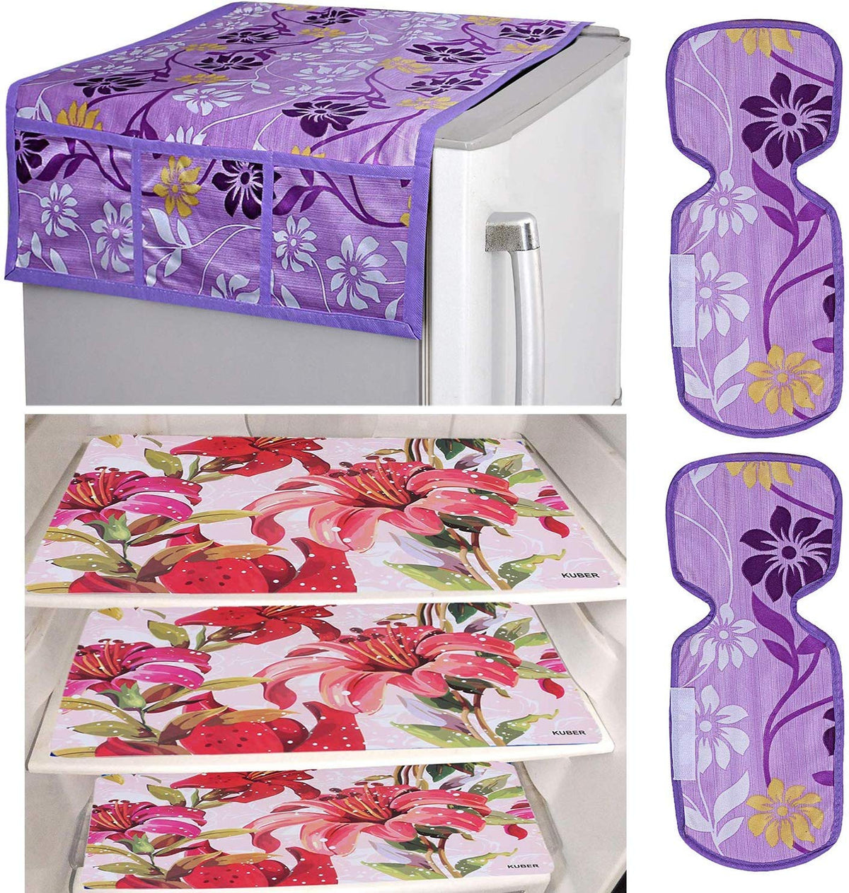 Kuber Industries Flower Design Combo PVC 3 Pieces Fridge Mats, 2 Piece Handle Cover and 1 Piece Fridge Top Cover(Purple), Standard (CTKTC024449)
