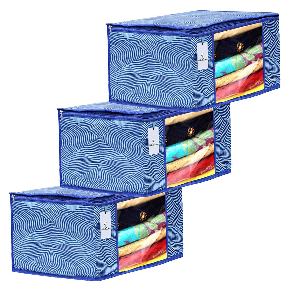 Kuber Industries Laheriya Design 3 Piece Non Woven Fabric Saree Cover Set with Transparent Window, Extra Large, Blue-CTKTC31928