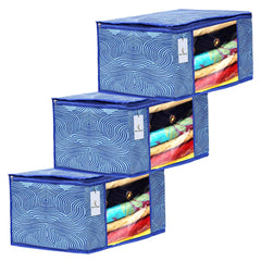 Kuber Industries Laheriya Design 3 Piece Non Woven Fabric Saree Cover Set with Transparent Window, Extra Large, Blue-CTKTC31928