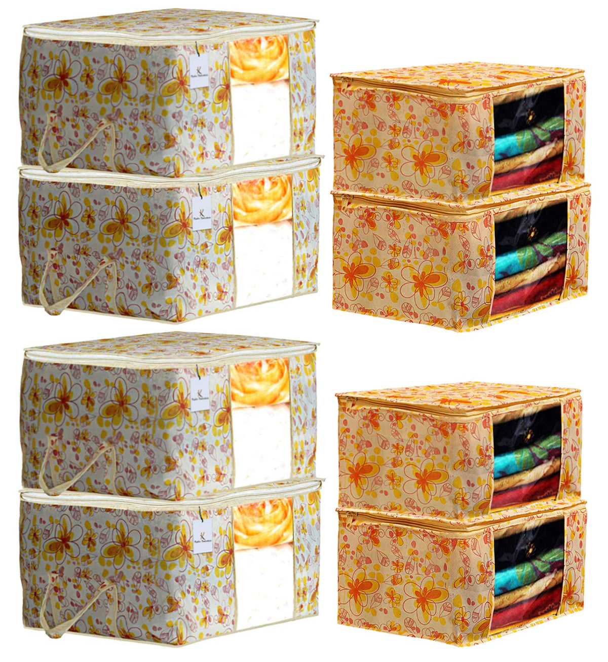 Kuber Industries Flower Printed Non Woven 4 Pieces Saree Cover and 4 Pieces Underbed Storage Bag, Cloth Organizer for Storage, Blanket Cover Combo Set (Ivory & Red) -CTKTC38638