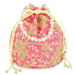 Kuber Industries Embroidery Drawstring Potli|Hand Purse with Gold Pearl Border & Handle for Woman,Girls Pack of 2 (Green & Light Pink)
