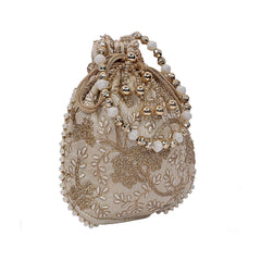 Kuber Industries Embroidery Drawstring Potli|Hand Purse with Gold Pearl Border & Handle for Woman,Girls (Cream)