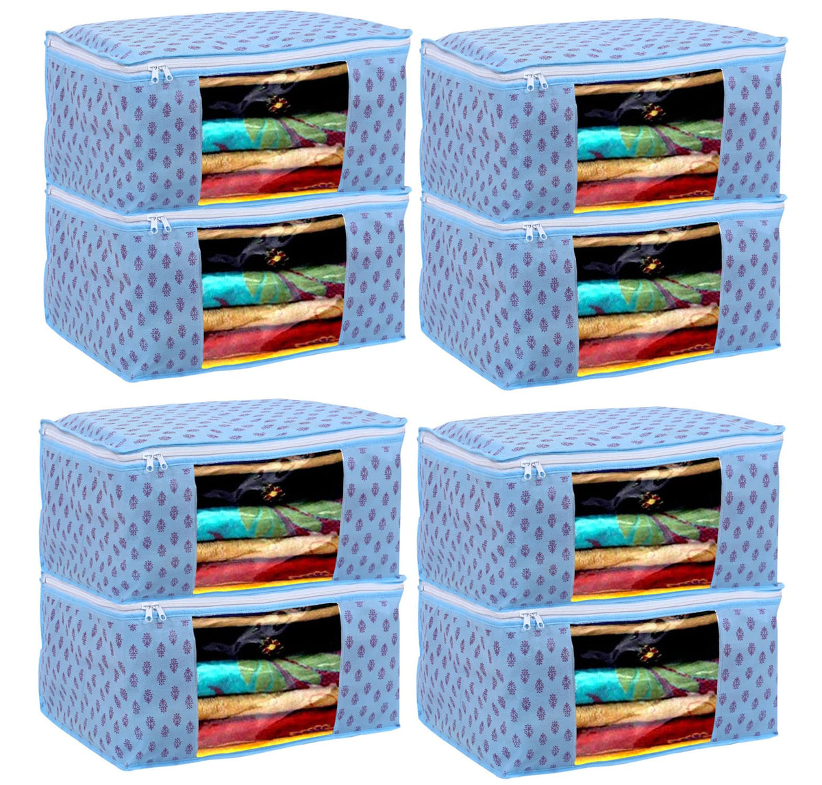 Kuber Industries Floral Print Non-Woven Foldable Saree Cover|Clothes Storage For Saree, Lehenga, Suit With Top Transparent Pack of 8 (Sky Blue)