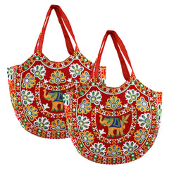 Kuber Industries Multiuses Velvet Floral Design Hand Bag/Tote Bag For Daily Trips, Travel, Office Pack of 2 (Red) 52KM3991