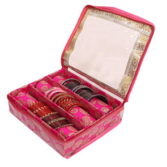 Kuber Industries Brocade Hardboard 3 Rod Bangle Box, Pink