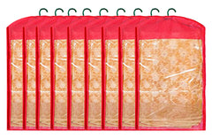 Kuber Industries 9 Pieces Non Woven Hanging Saree Cover Wardrobe Organiser With Hanger (Red) - CTKTC30947