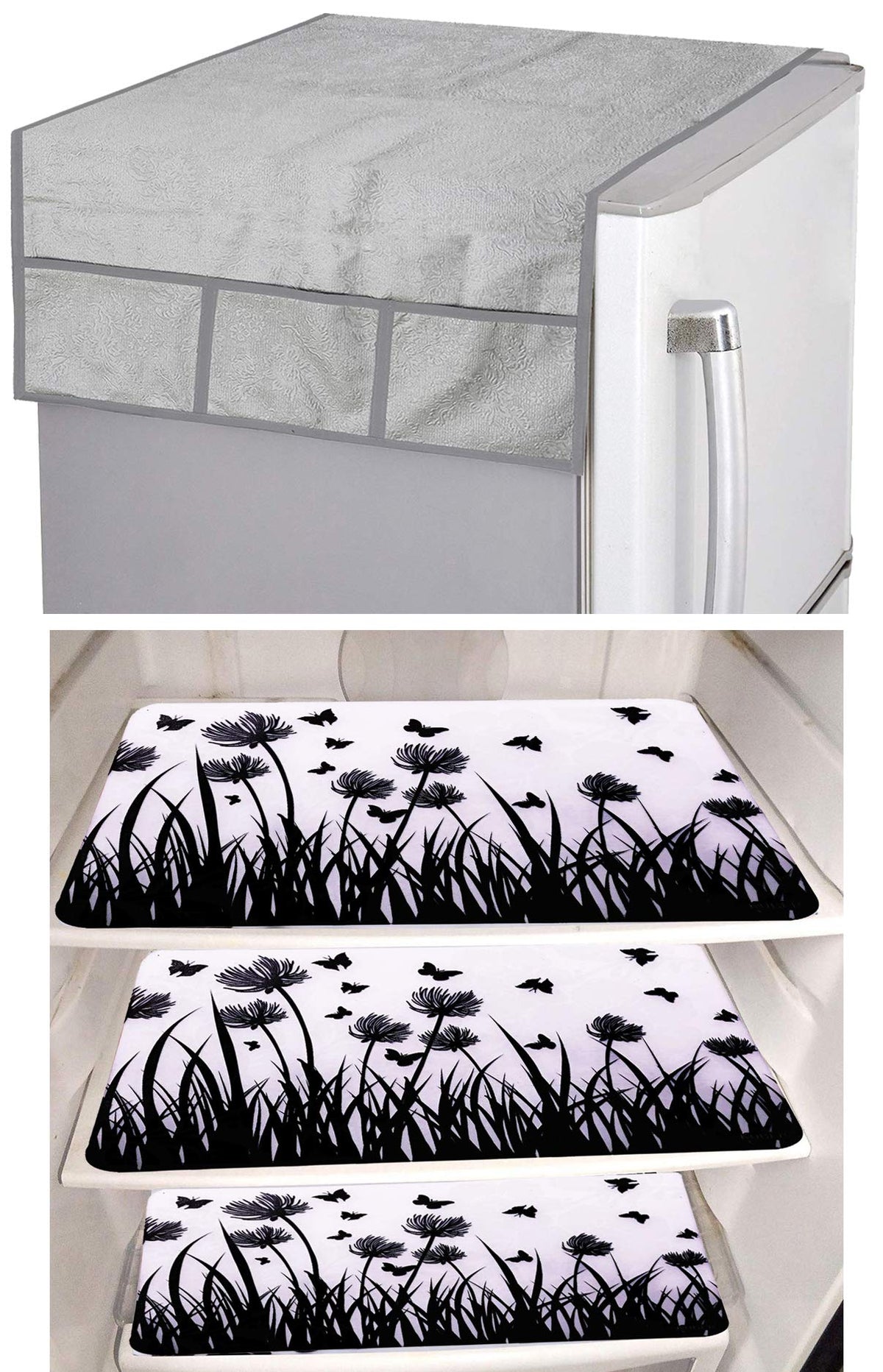 Kuber Industries Jungle Design 3 Pieces PVC Fridge Mats and 1 Piece Fridge Top Cover (Silver) - CTKTC039653