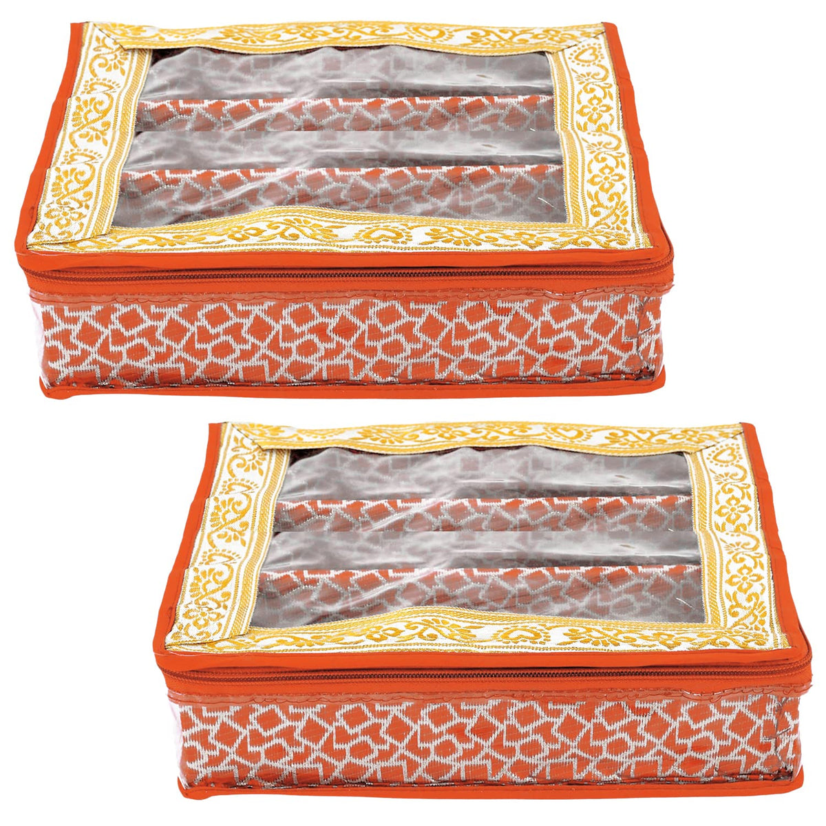 Heart Home Feather Design Laminated 3 Rod Box, Organizer For Bangle, Watches, Bracelets, Jewellery With Tranasparent Top - Pack of 2 (Orange)-47HH0156