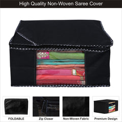 Homestic Set of 3 Foldable Non Woven saree covers with Zip|Saree & Clothes Organiser for wardrobe |Transparent Window With Premium Zipper|Suitable for Lehenga, Suit, Dress (Black)