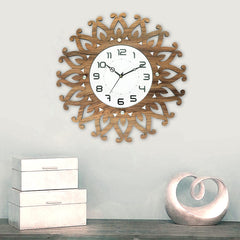 Heart Home Rangoli Design Wooden Decorative Round Wall Clock for Hall/Bedroom/Office (Light Brown)-Hs40Hearth23944