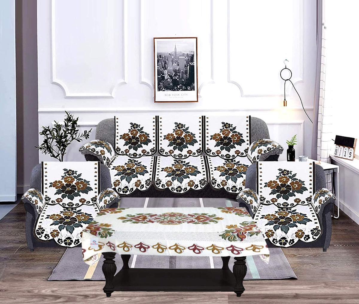 Heart Home Floral Design Use Both Side Cotton 5 Seater Sofa Cover 178x 74cm with 6 Pieces Arms Cover 74x 61cm and 1 Center Table Cover 74x 61cm HEART12029 - Set of 17 (White and Brown)