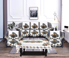 Heart Home Floral Design Use Both Side Cotton 5 Seater Sofa Cover 178x 74cm with 6 Pieces Arms Cover 74x 61cm and 1 Center Table Cover 74x 61cm HEART12029 - Set of 17 (White and Brown)