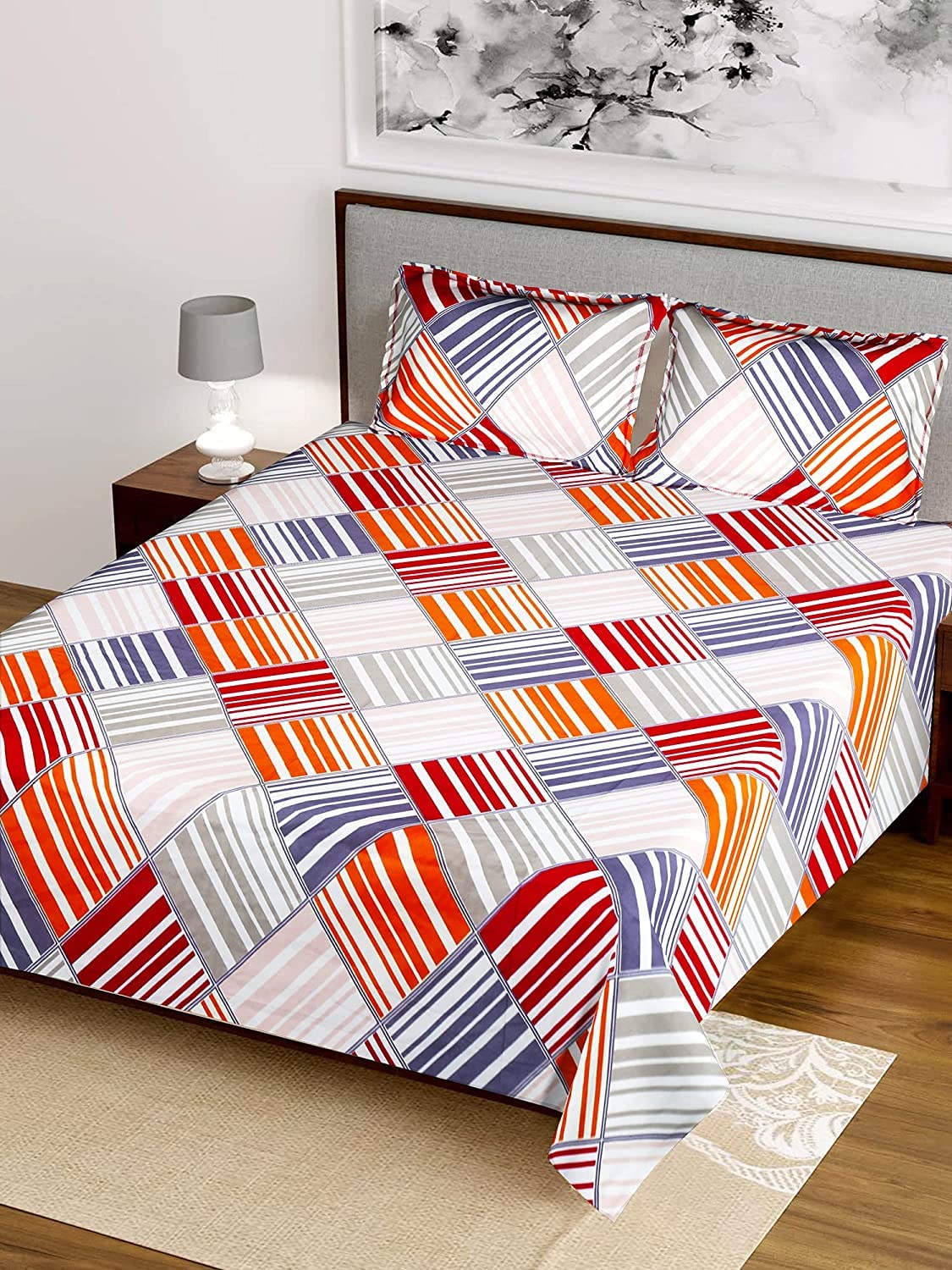 Kuber Industries Checkered Design Glace Cotton Double Bedsheet with 2 Pillow Covers (Yellow & Grey)-CTKTC033163