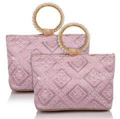 Kuber Industries Clutch Bag|Zig Zag Chicken Silk Embroidery Hand Purse|Wedding Clutch Purse with Moti Churi Handle|Pack of 2 (Purple)