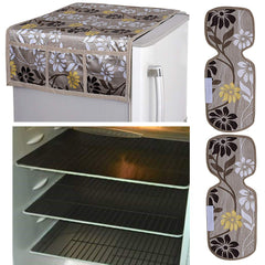 Kuber Industries Flower Design Combo PVC 3 Pieces Fridge Mats, 2 Piece Handle Cover and 1 Piece Fridge Top Cover(Gold)
