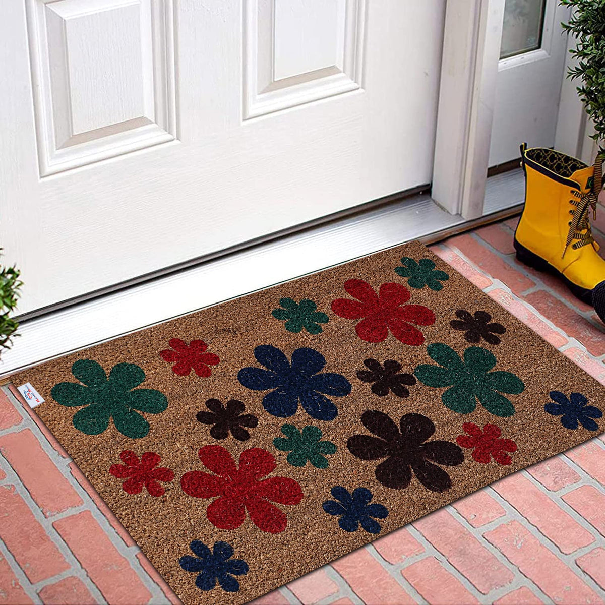 Heart Home Door Mat|Polyethylene Durable & Anti-Slip Natural Flowers Print Floor Mat|Rug for Indoor or Outdoor, 30x20 Inch (Brown)
