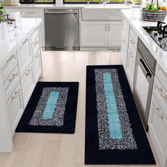 Heart Home Kitchen Set | Luxury Kitchen Floor Door Mat Runner Set | Doormat for Kitchen | Cotton Border Kitchen Set | Door Mat & Kitchen Runner Set | 2 Pcs Set | Blue