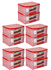 Kuber Industries Floral Design 10 Piece Non Woven Saree Cover, Extra Large, Red