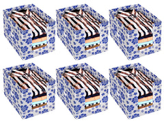 Heart Home Flower Printed Non-Woven Foldable Shirt Stacker Closet Organizer With Handles- Pack of 6 (White & Blue)-HS43HEARTH26504