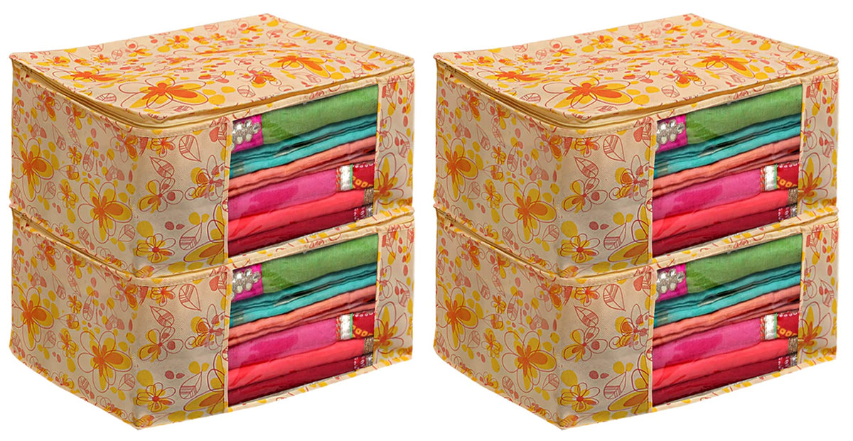 Kuber Industries Flower Printed Non-Woven Saree Cover With Tranasparent Window- Pack of 4 (Yellow)-HS43KUBMART26121