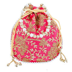 Kuber Industries Ethnic Clutch Silk 4 Pieces Potli Batwa Pouch Bag with Beadwork Gift for Women (Grey, Pink, Red & Cream) - CTKTC23065
