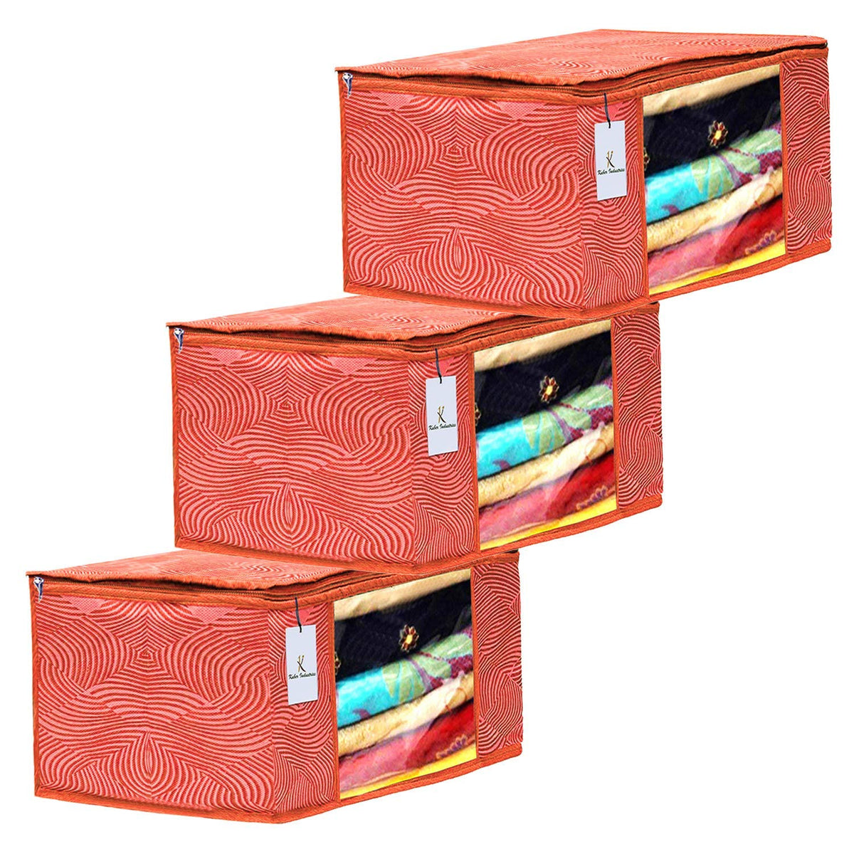 Kuber Industries Laheriya Design 3 Piece Non Woven Fabric Saree Cover Set with Transparent Window, Extra Large, Orange-CTKTC31932