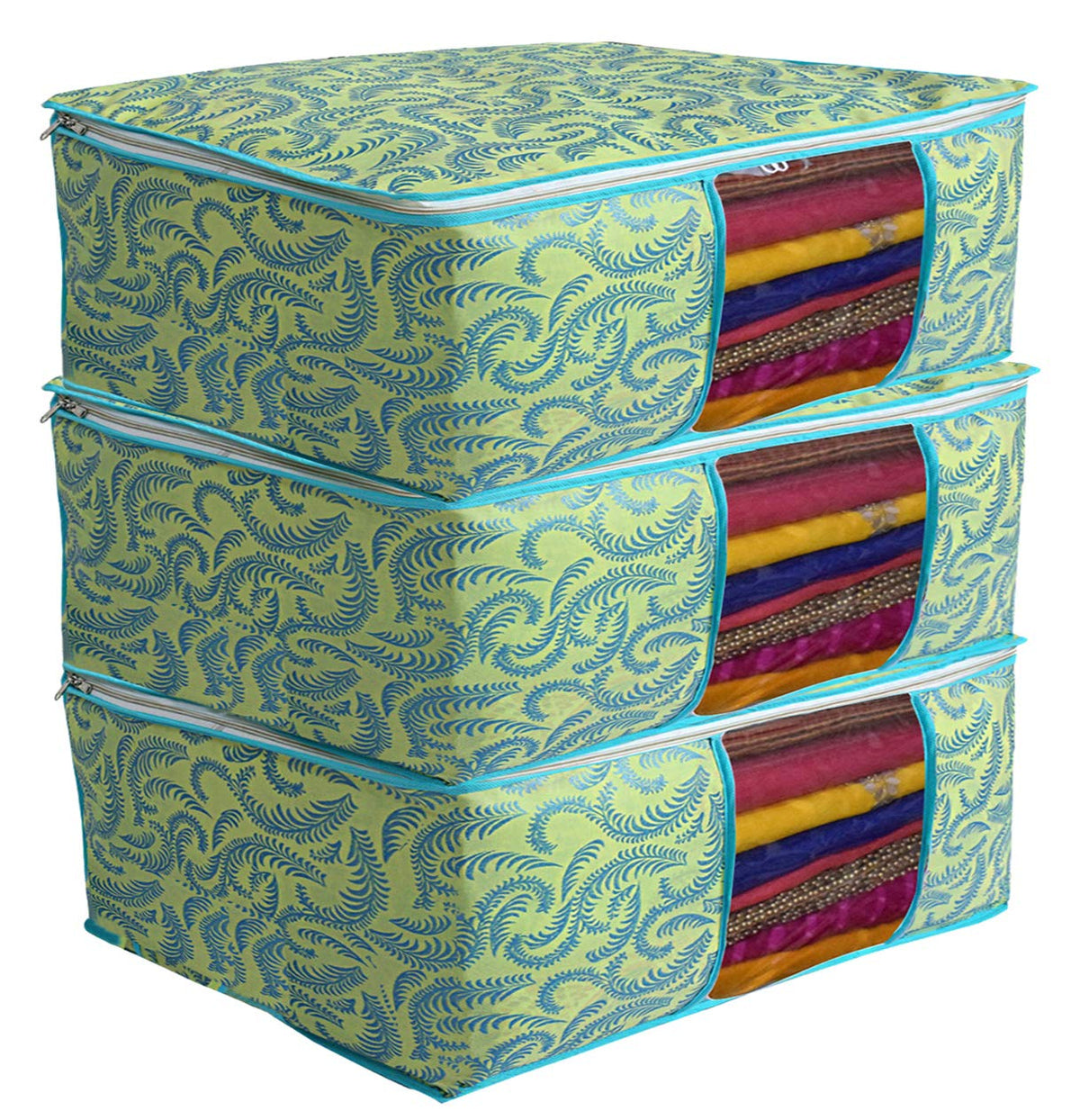 Kuber Industries Metalic Print 3 Piece Non woven Saree Cover Set, Green