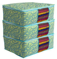 Kuber Industries Metalic Print 3 Piece Non woven Saree Cover Set, Green