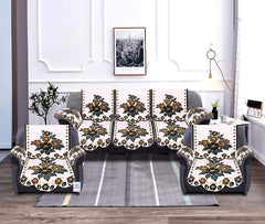 Heart Home Flower Design Cotton 5 Seater Sofa Cover with 6 Pieces Arms Cover (Cream, Brown, Standard) Set of16 HEART11981