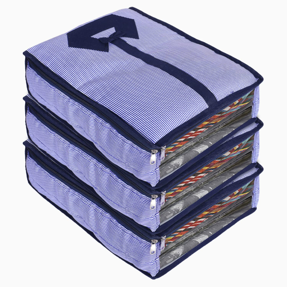 Kuber Industries Lining Print Cotton Shirt Cover/Clothing Organizer/Wardrobe Organizer With Window For Home, Traveling Pack of 3 (Blue)